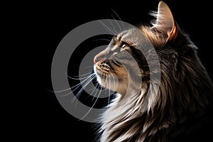 Portrait Of Cat Ragamuffin In Profile On Black Matte Background. Empty Space. Generative AI