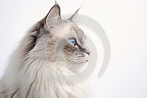 Portrait Of Cat Ragdoll In Profile On White Background. Empty Space. Generative AI