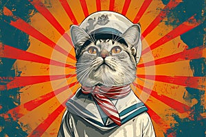 Portrait cat in a sailor\'s cap and tie illustration Generative AI