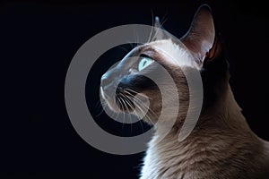 Portrait Of Cat Siamese In Profile On Black Matte Background. Empty Space. Generative AI