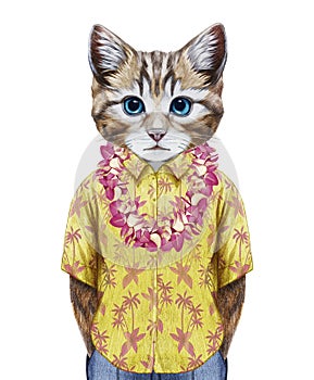 Portrait of Cat in summer shirt with Hawaiian Lei.