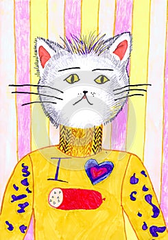 Portrait of a cat in a sweater with the image `I love sausage.` Children`s drawing