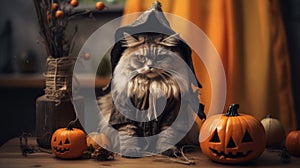 A portrait cat in a wizard, sorcerer, witch costume celebrates