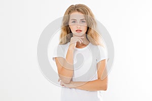 Portrait of caucasian blonde young woman with health hair and good skin isolated on white background. Copy space. Skincare.