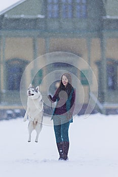 Portrait of Caucasian Brunette Woman Keeping Her Jumping Husky Dog on a Short Leash During a Stroll