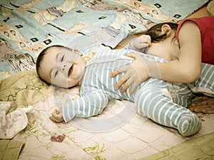 Portrait of caucasian children playing at home