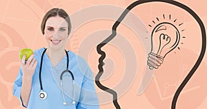 Portrait of caucasian female doctor with apple and human brain with light bulb on peach background