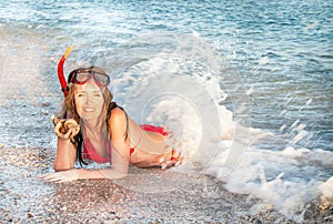 Portrait of caucasian girl at the beach with snorkeling mask and