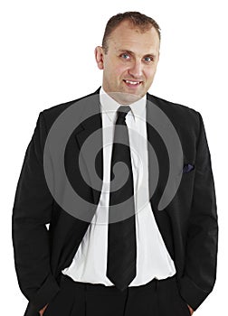 Portrait of a caucasian man in a suit on white.