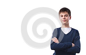 Portrait of caucasian teen boy on white background with folded arms.