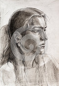 portrait of caucasian woman hand-drawn by charcoal