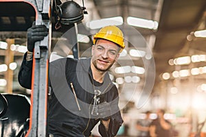 Portrait of caucasian worker happy smiling hand thumbs up for good working at cargo logistic shipping industry factory or