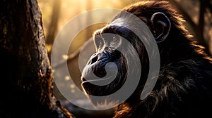 The Portrait of a caveman called Australopithecus Afarensis, an ancestor of the human kind, with a great expression, close up. photo
