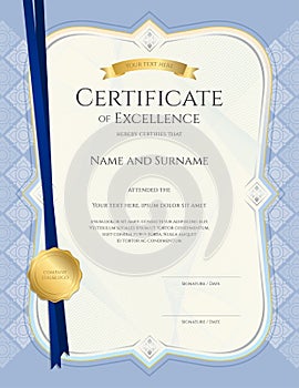 Portrait certificate of achievement template in vector with applied Thai art background, blue color