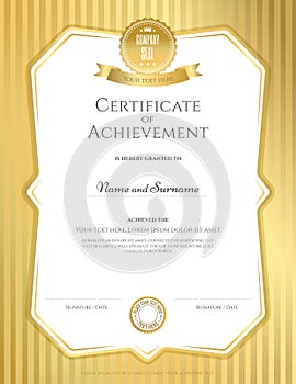 Portrait certificate of achievement template in vector with applied Thai art background, gold color