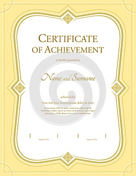 Portrait certificate of achievement template in vector with applied Thai art background, gold theme color