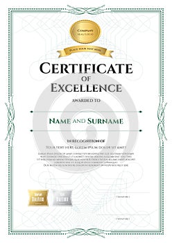 Portrait certificate of excellence template with award ribbon on