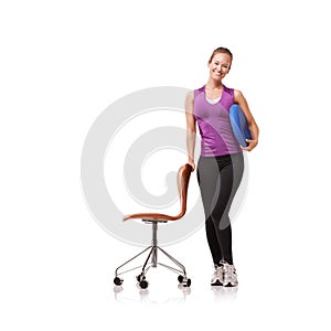 Portrait, chair and woman exercise for posture with pillow in white background or studio. Fitness, person and smile with