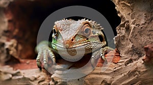 Portrait of a chameleon close-up. Green lizard. Generative AI