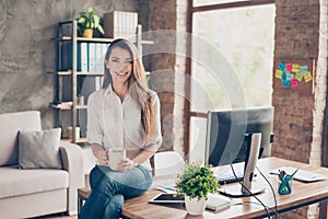 Portrait of charming attractive stunning pretty lovely cute expert freelancer with long hair toothy beaming smile relaxing on