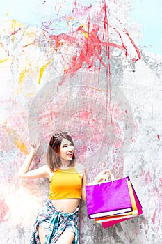 Portrait charming beautiful shopper woman. Attractive beautiful