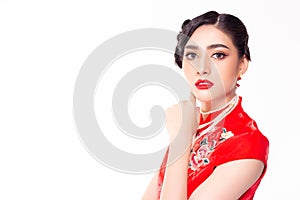 Portrait charming beautiful young Chinese woman. Attractive beautiful asian lady apply beautiful makeup, red lips, nice hairdo. Pr