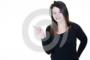 Portrait charming girl smile pointing forefinger showing copy sapce empty place looking at camera isolated on white background for