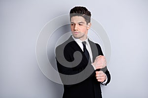 Portrait of charming gorgeous chairmen collar stylish prepare for work partnership concept feel relaxed bit nervous