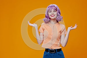 Portrait of a charming lady purple hair fashion posing glamor studio model unaltered