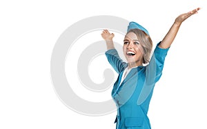 Portrait of charming stewardess wearing in blue uniform. photo