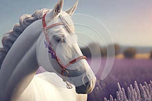 Portrait of a charming white horse with a red bridle, standing in a lavender field.