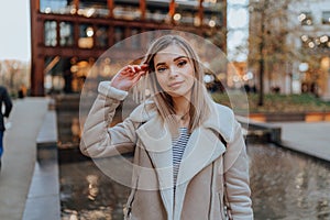 Portrait of Charming Young Blonde Girl, Fashion Street Style