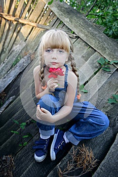 Portrait of a charming young girl with a rose at an old log house. Close-up of a blue-eyed blonde teen