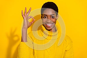 Portrait of cheerful beautiful male showing agree deal done sign promote advert isolated on yellow color background