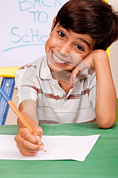 Portrait of cheerful boy writing notes