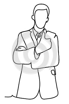 Portrait of a cheerful businessman dressed in suit showing thumbs up. Continuous line drawing. Isolated on the white