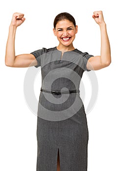 Portrait Of Cheerful Businesswoman Clenching Fists