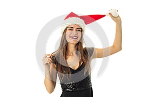 Portrait of cheerful cutie woman in santa hat