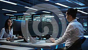 Portrait of cheerful engineer in data center installing software on computer