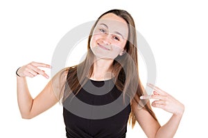 Portrait of a cheerful girl showing peace gesture with both hands finger in black blank t-shirt