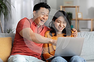 Portrait of cheerful korean spouses using laptop together