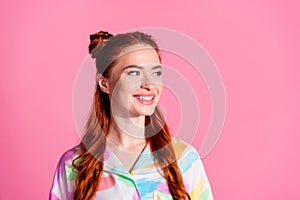 Portrait of cheerful positive woman with foxy hairstyle wear print shirt look at offer empty space isolated on pink