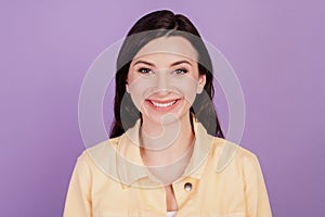 Portrait of cheerful pretty adorable girl toothy smile on violet background