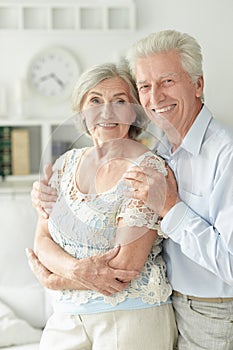 Portrait of cheerful senior couple embracing at home