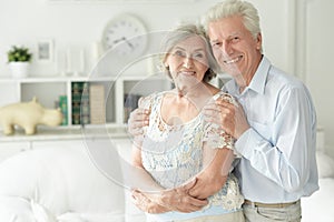 Portrait of cheerful senior couple embracing at home