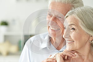 Portrait of cheerful senior couple embracing at home