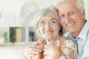 Portrait of cheerful senior couple embracing at home