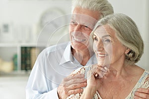 Portrait of cheerful senior couple embracing at home