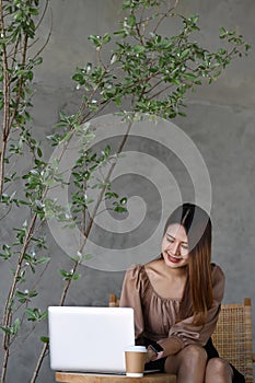 Cheerful young female using laptop computer at cafe.