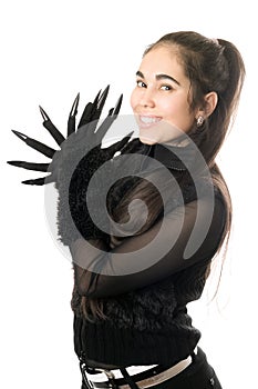 Portrait of cheerful young woman in gloves